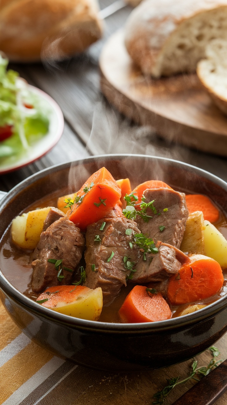 A cozy bowl of beef stew with carrots and potatoes, garnished with herbs, on a wooden table with bread.